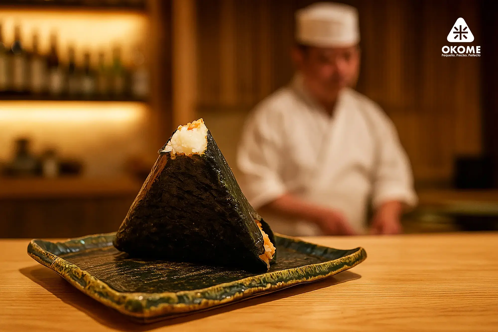 Onigiri OKOME con un chef japonés al fondo
